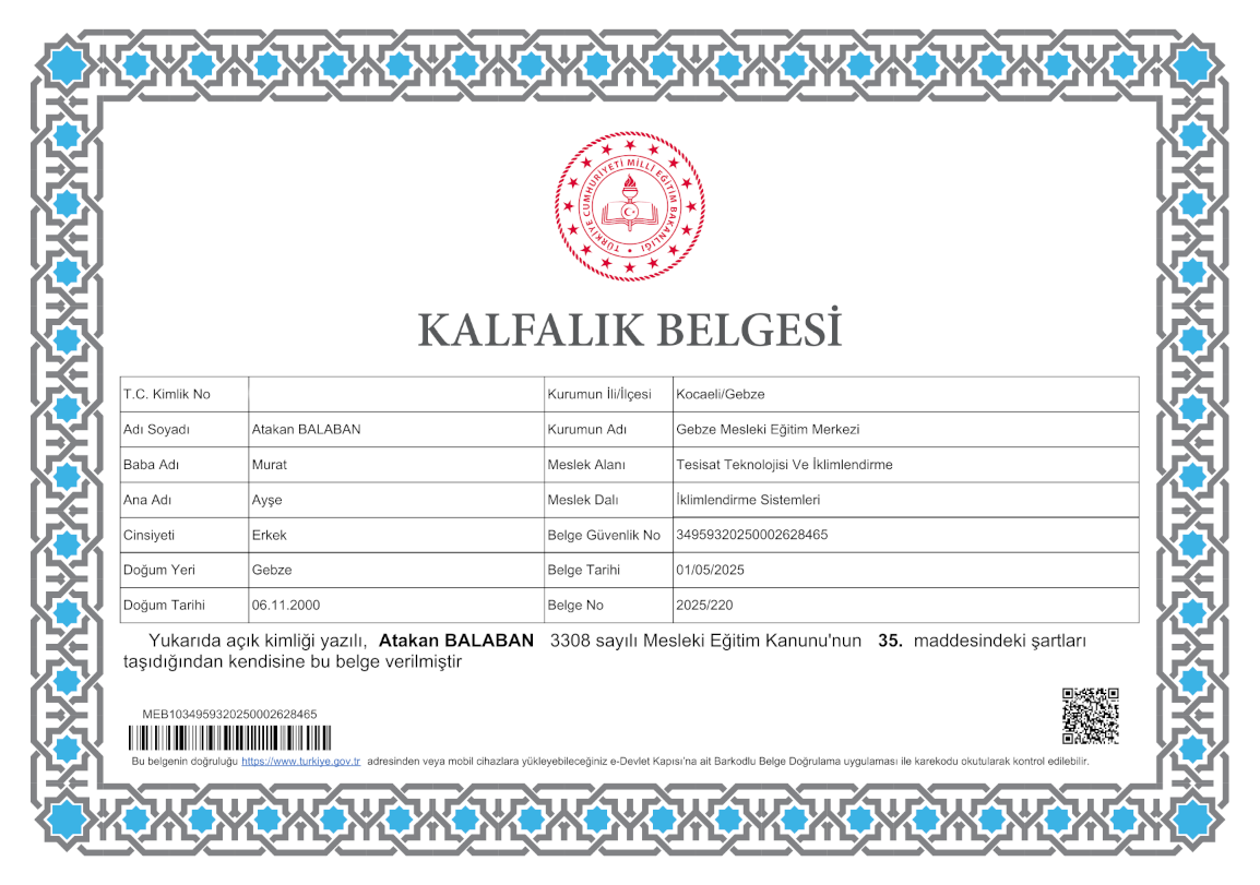 Gebze İklimlendirme Kalfalık Belgesi